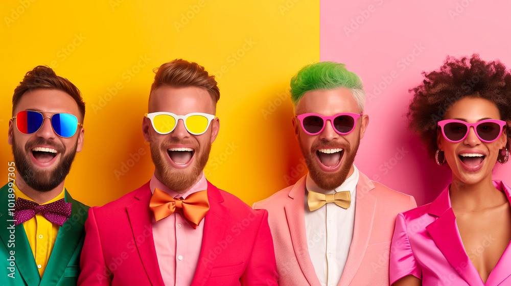 The energetic creative team, dressed in bold outfits, joyfully poses together, expressing their unique personalities against a striking two-tone background The energetic creative team, dressed in bold outfits, joyfully poses together, expressing their unique personalities against a striking two-tone background