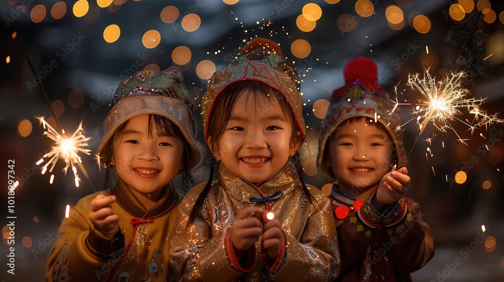 Children playing with sparklers during Lunar New Year celebrations. Children playing with sparklers during Lunar New Year celebrations.