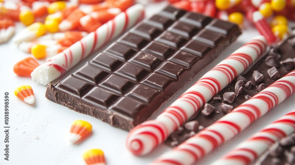 Colorful Candy and Chocolate Delight on White Surface Colorful Candy and Chocolate Delight on White Surface