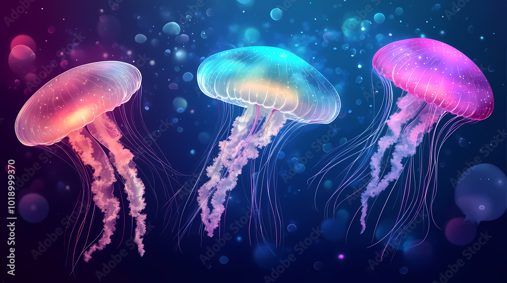 Glowing jellyfish underwater on dark ocean background. Glowing Bioluminescence. Illustration Glowing jellyfish underwater on dark ocean background. Glowing Bioluminescence. Illustration