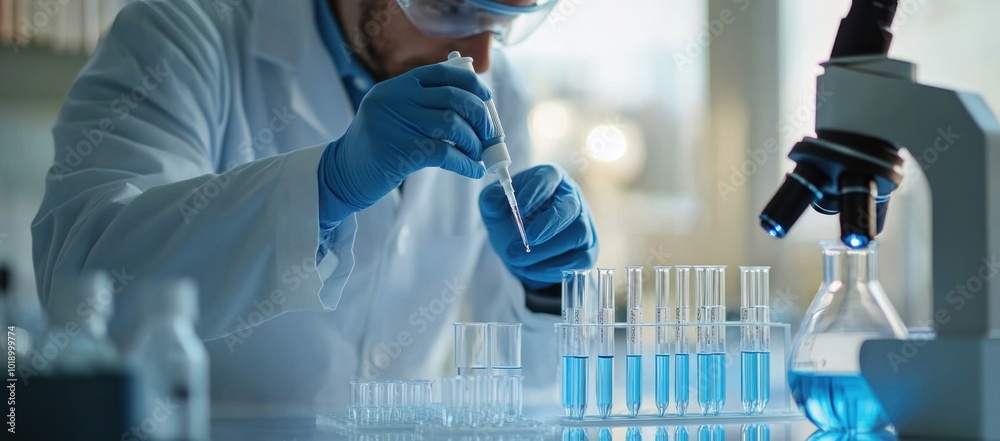 A male scientist in white lab coat and blue gloves is using an eyedropper to put liquid into test tubes on the table, close up shot of hands holding pipette Generative AI A male scientist in white lab coat and blue gloves is using an eyedropper to put liquid into test tubes on the table, close up shot of hands holding pipette Generative AI