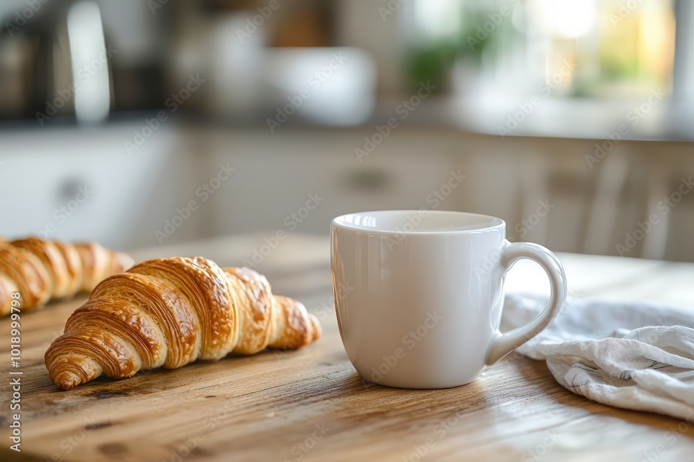 White coffee mug on a wooden kitchen table accompanied by freshly baked croissants, inviting a cozy morning scene. White coffee mug on a wooden kitchen table accompanied by freshly baked croissants, inviting a cozy morning scene.