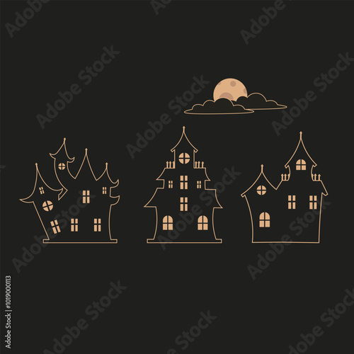 Halloween castle silhouettes set, halloween haunted houses with a moon in the cloud. Hand drawn vector illustration