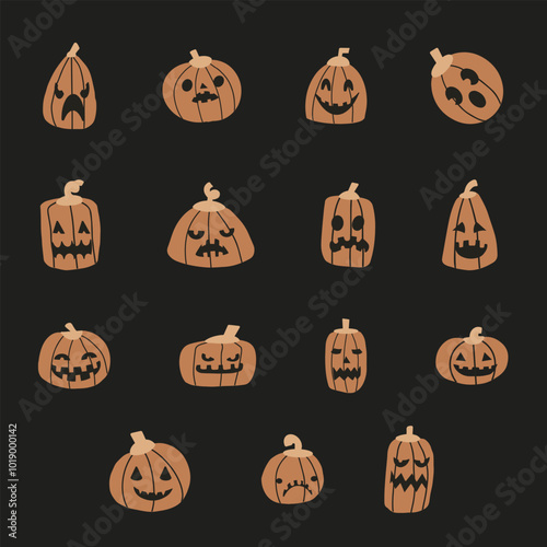 Halloween pumpkin set. Isolated pumpkin on the black background. Hand drawn.