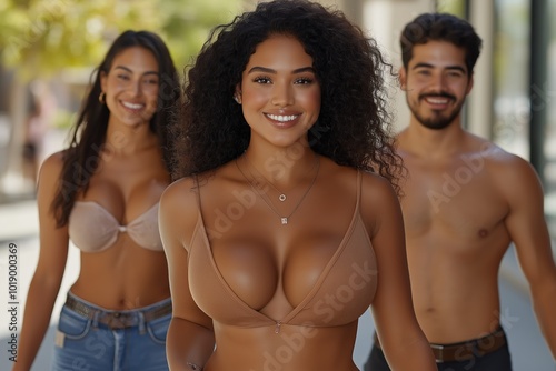 Smiling group of confident diverse friends in casual summer attire enjoying outdoor day together, diversity concept