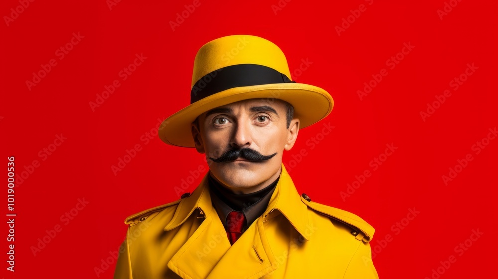Funny man with mustache and bright clothes on red background. Neural network ai generated art Funny man with mustache and bright clothes on red background. Neural network ai generated art