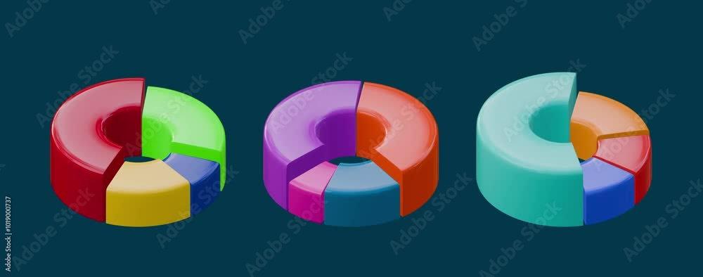 Three animated 3d pie on dark background. 3d rendered 3d pie
