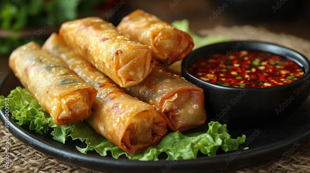 Crispy spring rolls elegantly plated on a bed of fresh lettuce, showcasing a vibrant presentation that symbolizes culinary creativity and the joy of sharing delicious food Crispy spring rolls elegantly plated on a bed of fresh lettuce, showcasing a vibrant presentation that symbolizes culinary creativity and the joy of sharing delicious food