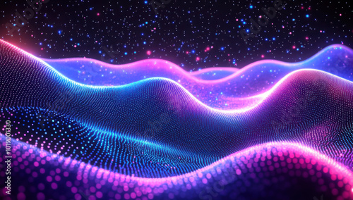 Abstract digital technology waves background with neon lines, futuristic cyber virtual landscape concept, glowing particles and innovative mesh design pattern. Digital Landscape. Illustration