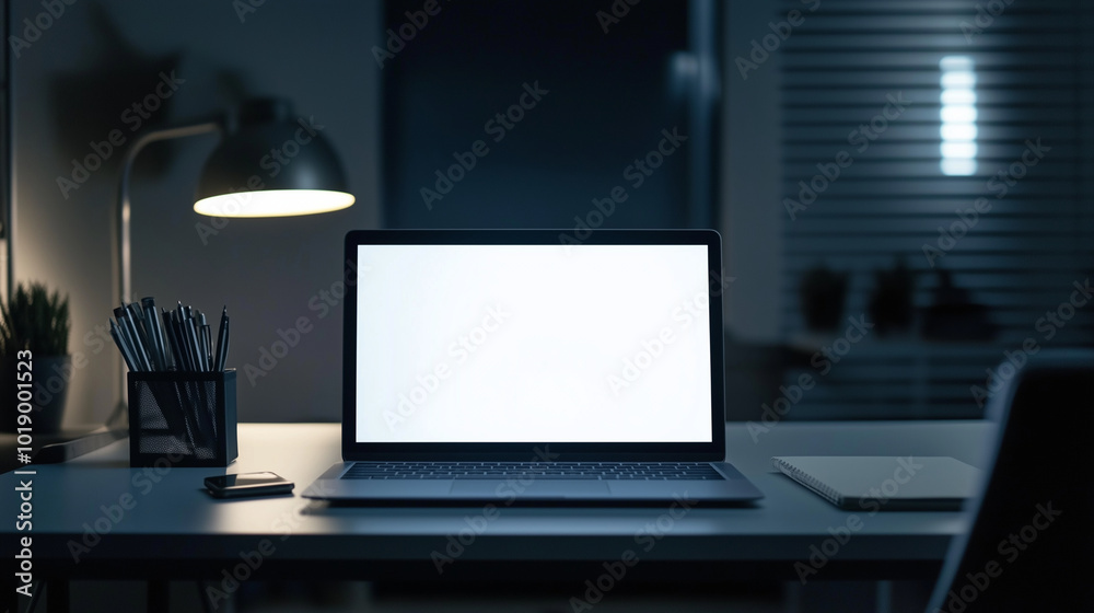 Minimalist Desk Setup with Blank Laptop Screen and Office Supplies in Soft Natural Lighting Minimalist Desk Setup with Blank Laptop Screen and Office Supplies in Soft Natural Lighting