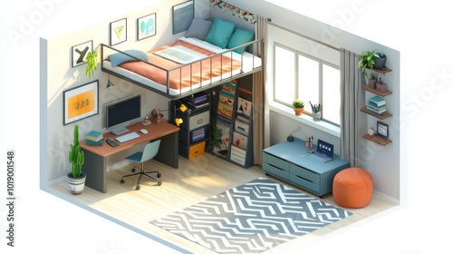 Teenager's bedroom isometric 3D render with a loft bed and study desk, floor plan on white.