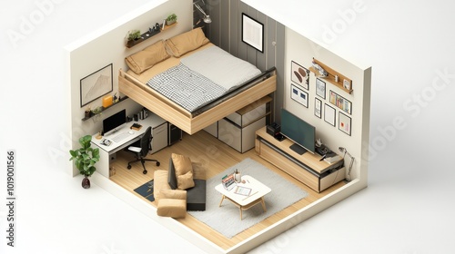 Teenager's bedroom isometric 3D render with a loft bed and study desk, floor plan on white.