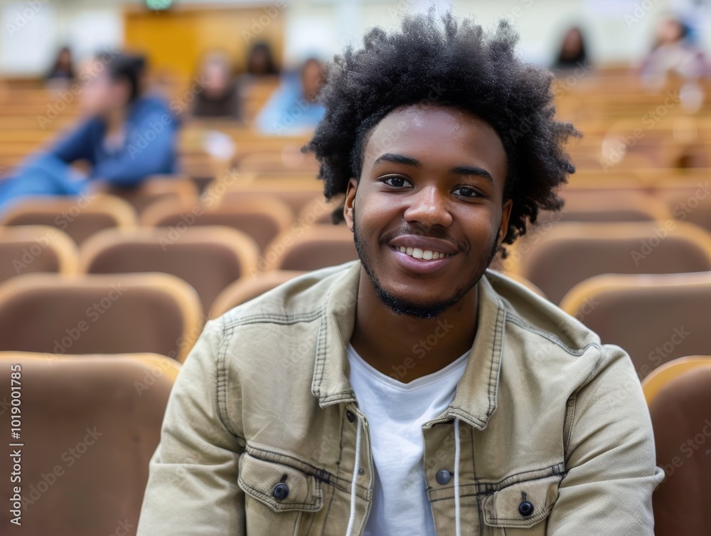 A young man with a beard and a smile is sitting in a classroom, generative ai image A young man with a beard and a smile is sitting in a classroom, generative ai image