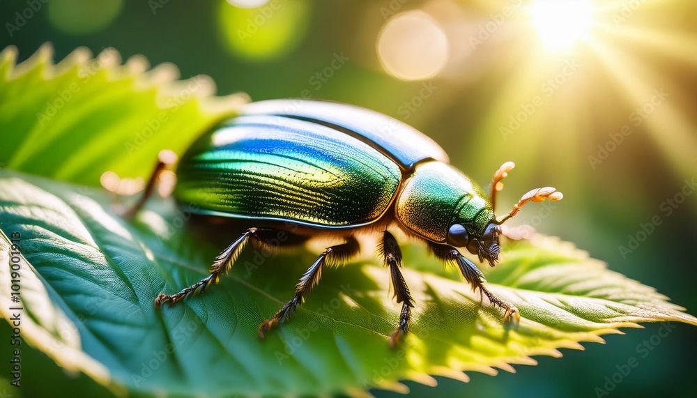 Green beetle on leaf in sun Green beetle on leaf in sun