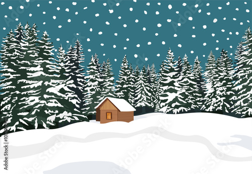 Hand drawn winter landscape, snow forests with cozy cabin, holiday cottage. Vector illustration background scene