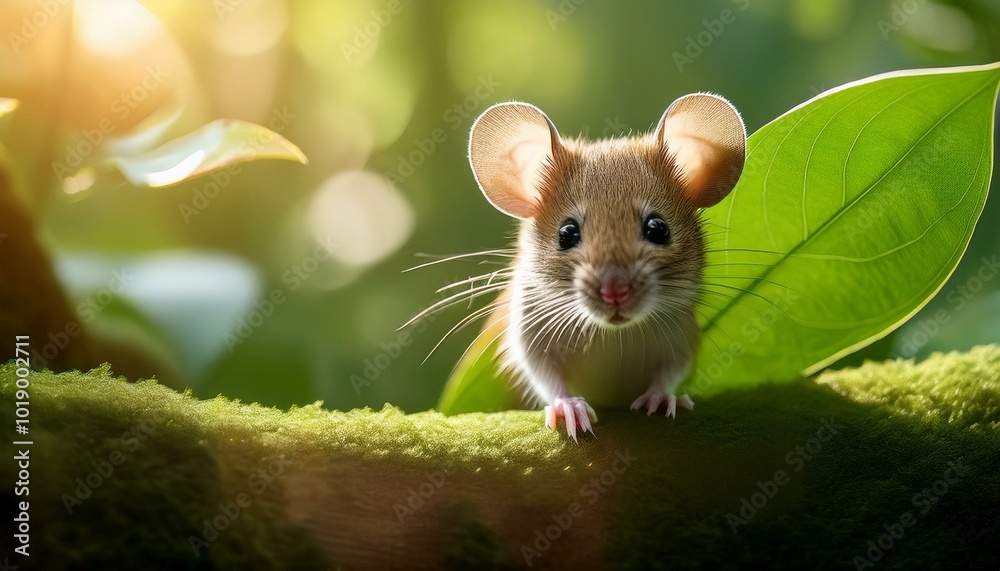 A tiny mouse in a green forest A tiny mouse in a green forest