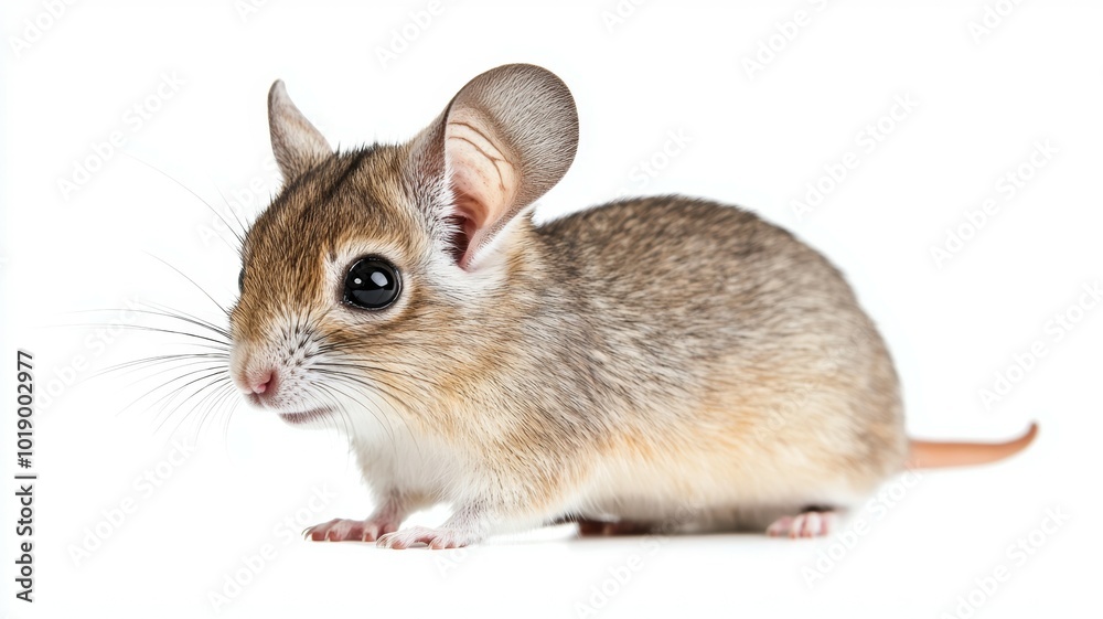 A cute small mouse with big ears stands alert on a white background, showcasing its vibrant fur and adorable features A cute small mouse with big ears stands alert on a white background, showcasing its vibrant fur and adorable features
