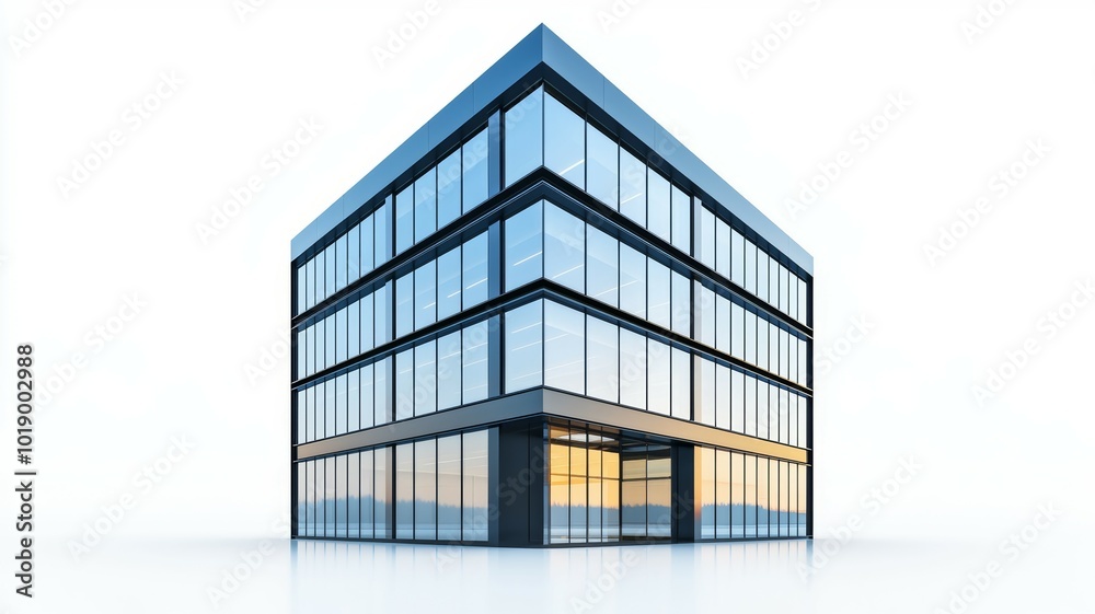 Modern glass office building with sunset reflections in the windows located in a cityscape setting Modern glass office building with sunset reflections in the windows located in a cityscape setting