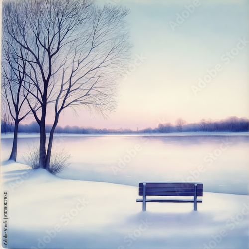 Wallpaper Mural Wooden bench facing frozen lake in snowy park at sunrise
 Torontodigital.ca