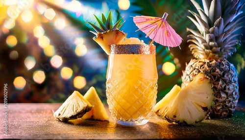 Pineapple cocktail with a pink umbrella photo