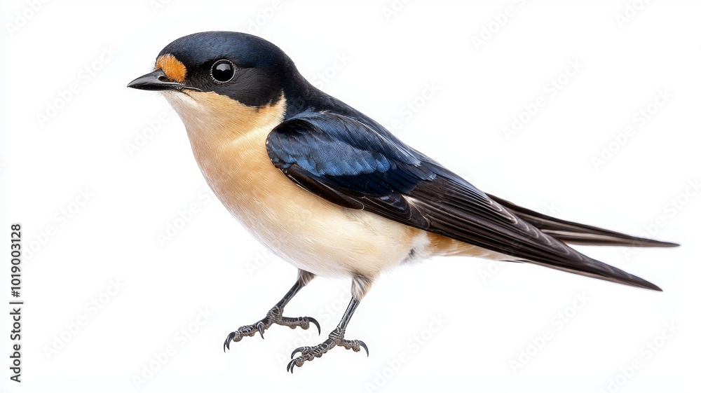 Fototapeta premium A detailed view of a barn swallow perched gracefully against a white background during daylight