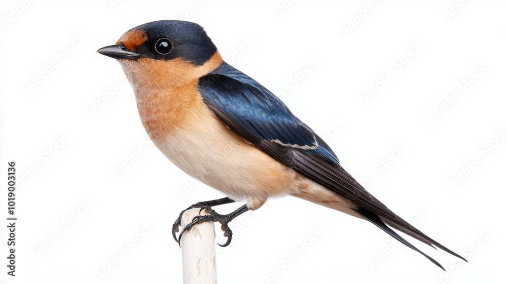 Fototapeta premium A close-up view of a vibrant barn swallow perched on a white pole against a light background