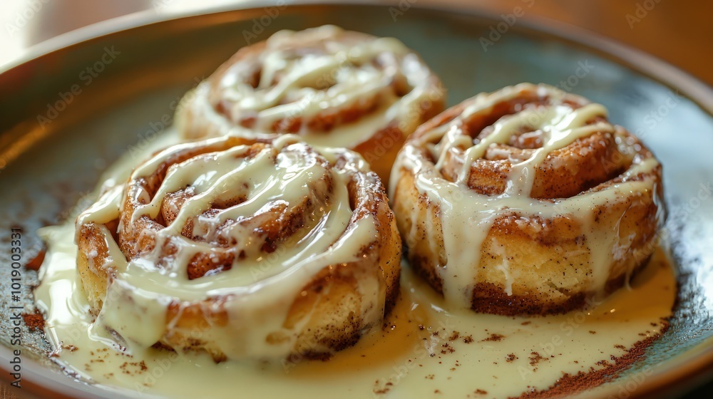 Two cinnamon rolls in white sauce on a plate, a tempting and delicious treat. Two cinnamon rolls in white sauce on a plate, a tempting and delicious treat.