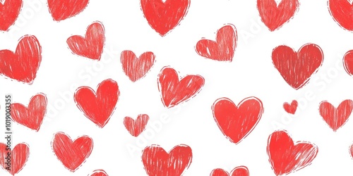 Hand-drawn red hearts on a white background, a romantic and playful pattern for Valentine's Day or love-themed designs.