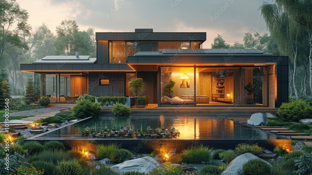 An artistic representation of a house powered by solar batteries, with solar panels on the roof absorbing sunlight An artistic representation of a house powered by solar batteries, with solar panels on the roof absorbing sunlight