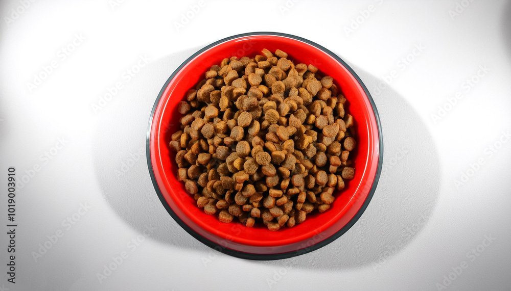 Dry cat food in a red bowl, isolated on a clean white background Dry cat food in a red bowl, isolated on a clean white background