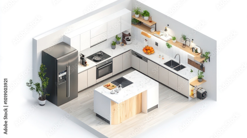 U-shaped kitchen Isometric 3D Render with an island, open shelving, and a sizable fridge, depicted in a floor plan on white.
