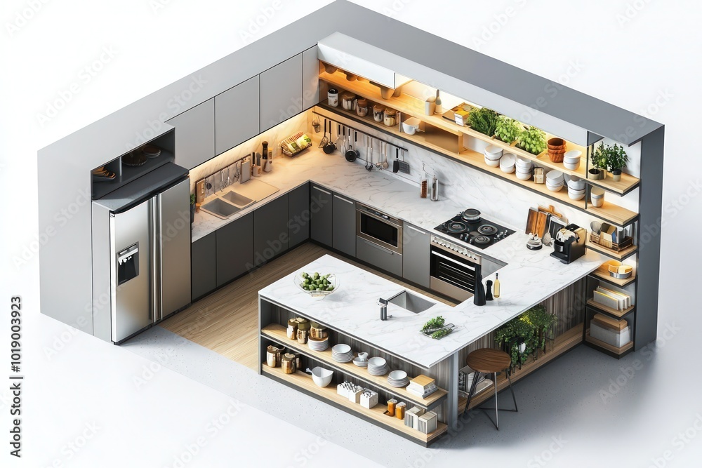 U-shaped Kitchen Isometric 3D Render: Showcasing an island, open shelving, and a large fridge, displayed in a floor plan on a white background. U-shaped Kitchen Isometric 3D Render: Showcasing an island, open shelving, and a large fridge, displayed in a floor plan on a white background.