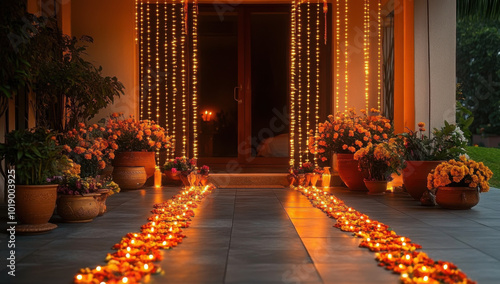 Beautifully decorated front door for Diwali, with glowing diyas, string lights, and flower garlands
 photo