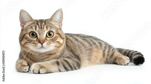A playful tabby cat resting on a clean white surface in a bright indoor setting during the day