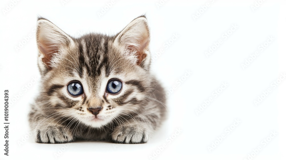 Fototapeta premium A playful tabby kitten exploring its surroundings with bright blue eyes on a clean white surface