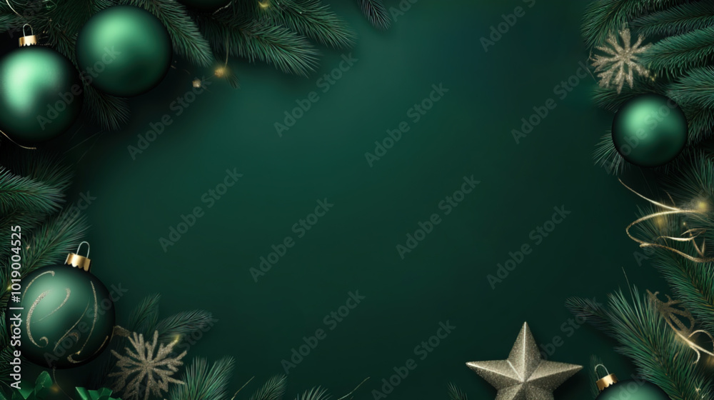 Dark green christmas decoration background with ornaments and copy space