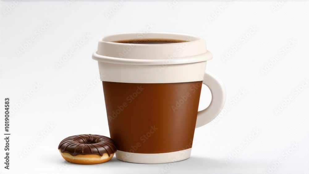 Papper coffee Cup with coffee and chocolate donat. Takeaway coffee or tea to go or delivery food concept. Vector illustration isolated on white background Papper coffee Cup with coffee and chocolate donat. Takeaway coffee or tea to go or delivery food concept. Vector illustration isolated on white background