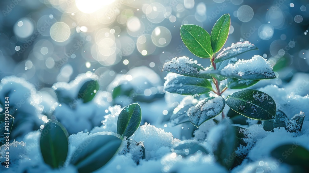 Perfect backdrop for nature theme. Green plant, bright glossy green foliage under snow blanket against blurry winter background. Close-up. Copy space Perfect backdrop for nature theme. Green plant, bright glossy green foliage under snow blanket against blurry winter background. Close-up. Copy space