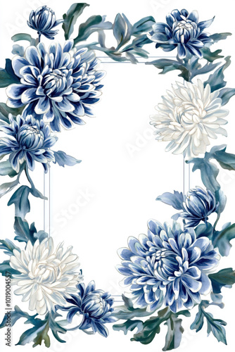 A rectangular border of navy blue silver white chrysanthemums with green leaves on a white background, style watercolor