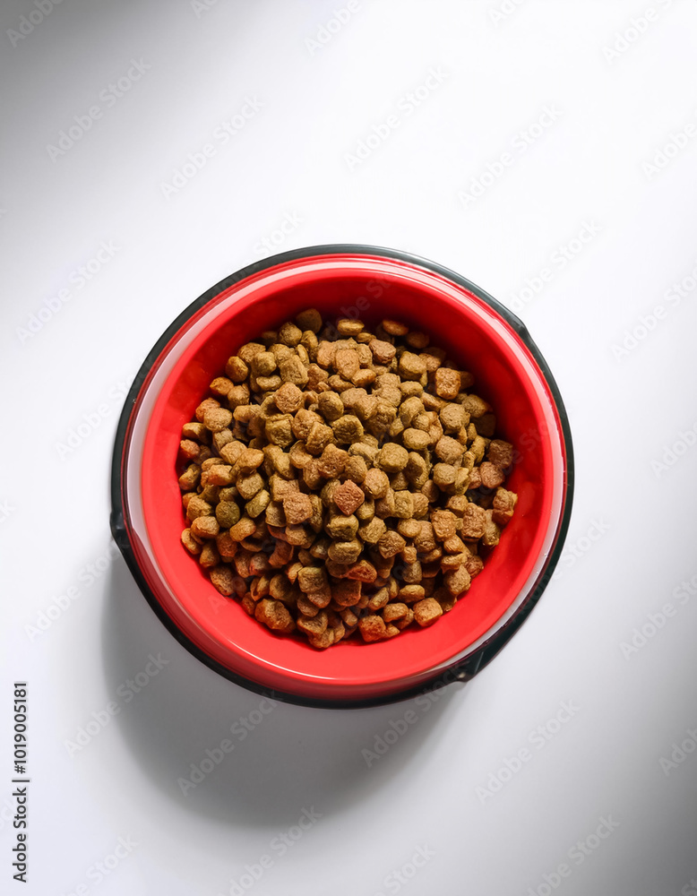 Dry cat food in a red bowl, isolated on a clean white background Dry cat food in a red bowl, isolated on a clean white background