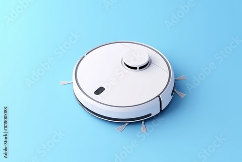 Modern white robotic vacuum cleaner on a light blue background, representing smart home technology and automated cleaning solutions photo