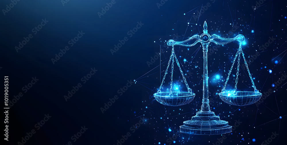 Concept of AI law, artificial intelligence regulations in futuristic glowing low polygonal style with brain and scale symbols on dark blue background design Concept of AI law, artificial intelligence regulations in futuristic glowing low polygonal style with brain and scale symbols on dark blue background design