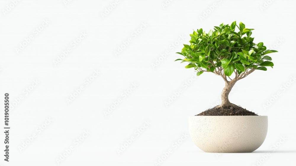 Small bonsai tree in a minimalist pot placed on a simple white background, showcasing nature's beauty indoors Small bonsai tree in a minimalist pot placed on a simple white background, showcasing nature's beauty indoors