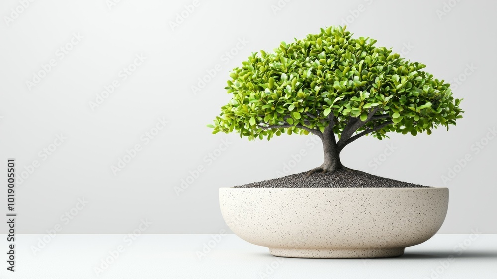 A carefully shaped bonsai tree in a minimalist white pot on a light surface illuminated by soft natural light A carefully shaped bonsai tree in a minimalist white pot on a light surface illuminated by soft natural light