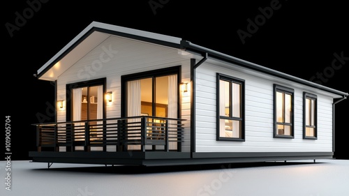 Modern tiny house with large windows and balcony at night showcasing interior lighting and design features