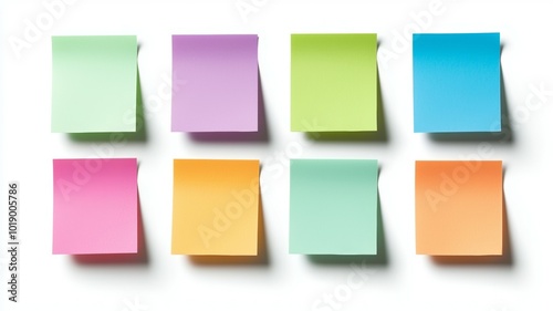 Colorful sticky notes arranged in a grid pattern on a white background for organization and brainstorming activities