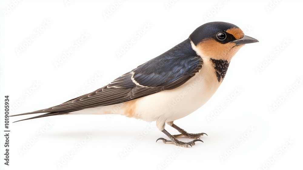 Fototapeta premium A perched swallow showcasing its vibrant colors and detailed features in a clean, well-lit environment