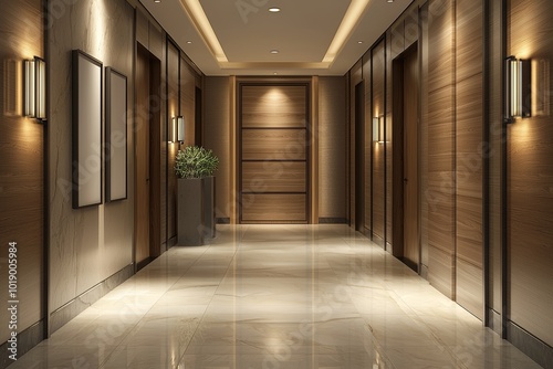 In this well-lit space, there are wooden and marble elements in the corridor. A 3D rendering of the space is below