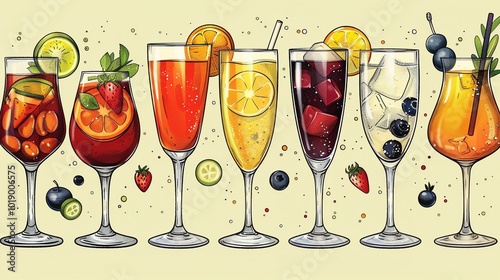 An outline drawing of various types of beverages.