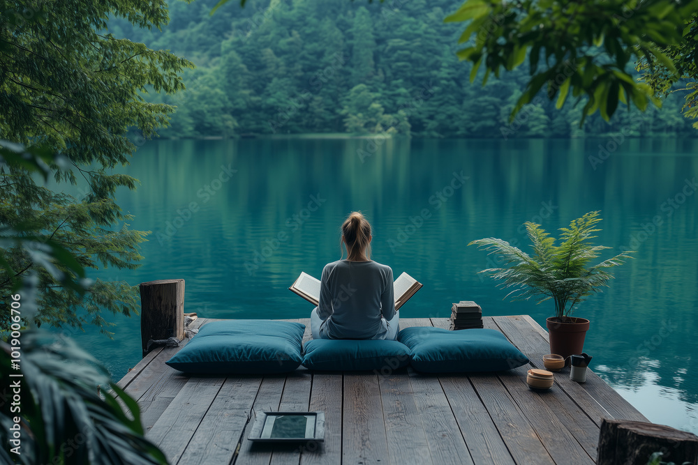 Fototapeta premium A tranquil lakeside retreat with an individual immersed in a book amidst nature's embrace during a serene afternoon